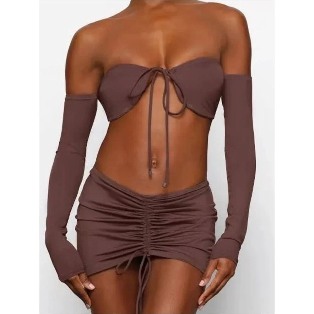 SKIMS Chocolate Brown Long Sleeve Bikini Top Off Shoulder Swimwear NWT Medium